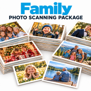 Family Photo Scanning Package illustrated with five stacks of printed family photos