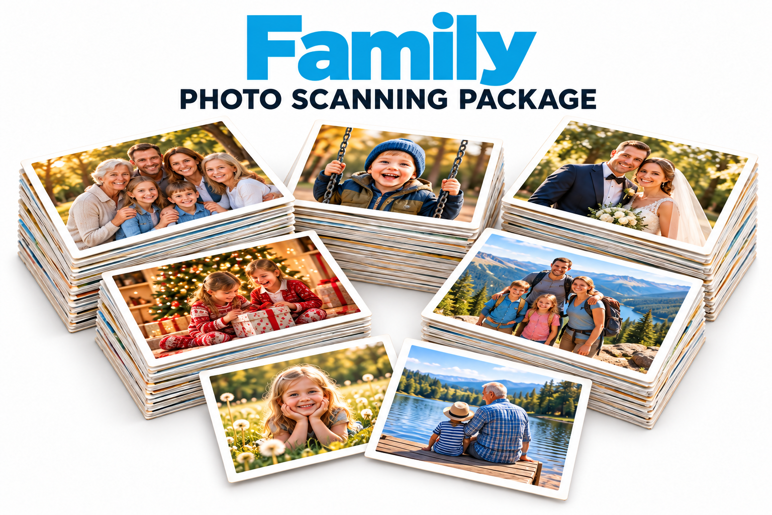 Family Photo Scanning Package illustrated with five stacks of printed family photos