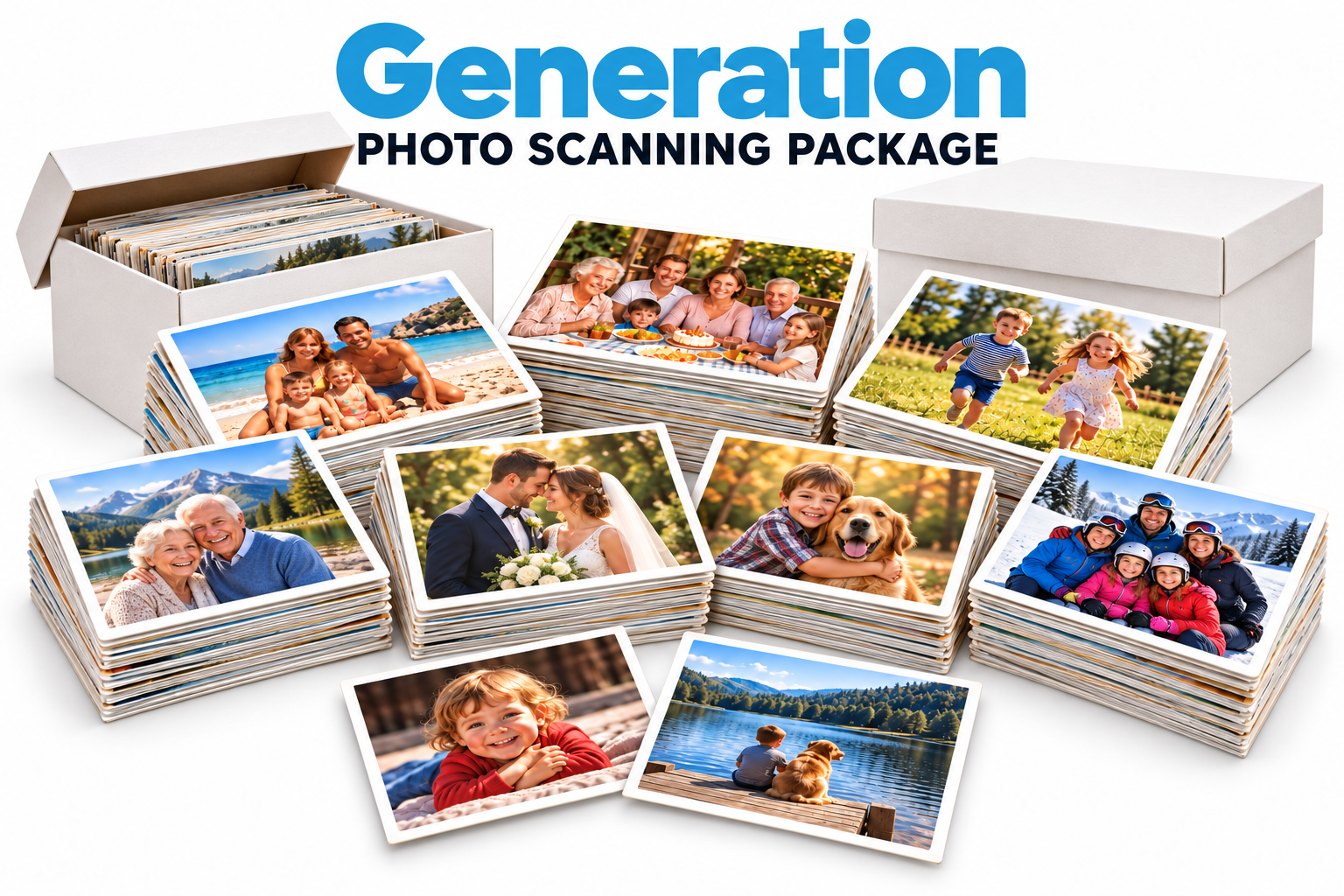 Generation Photo Scanning Package with a large family photo collection and two storage boxes