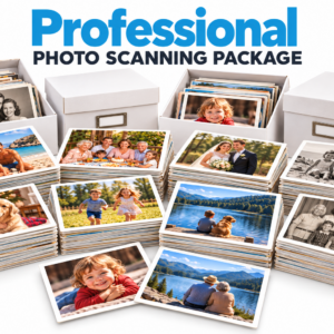 Professional Photo Scanning Package with a large collection of family prints and four storage boxes
