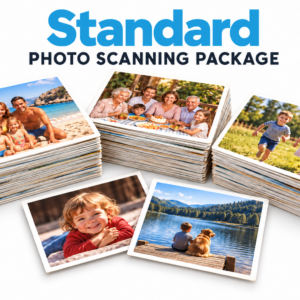 Standard Photo Scanning Package illustrated with three stacks of printed family photos