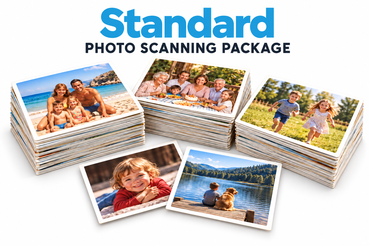 Standard Photo Scanning Package illustrated with three stacks of printed family photos