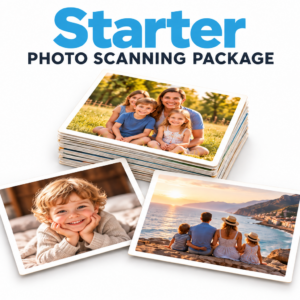 Starter Photo Scanning Package illustrated with a small stack of printed family photos