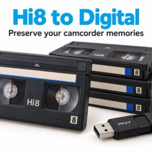 Hi8 video tapes beside a black PNY USB flash drive for digital video delivery