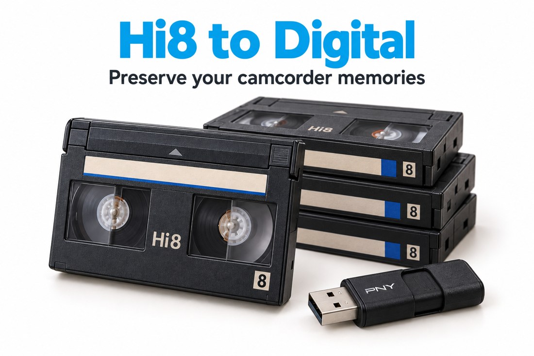 Hi8 video tapes beside a black PNY USB flash drive for digital video delivery