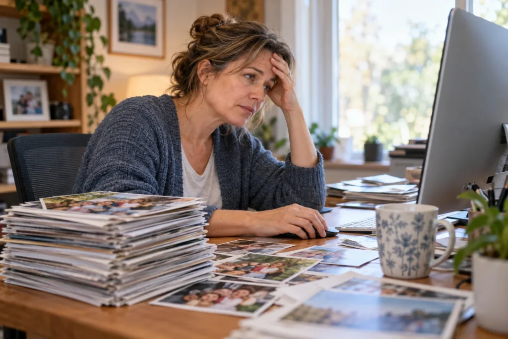 Tired person at a computer beside a large stack of printed family photos.
