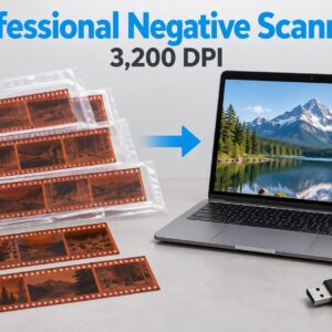 Professional negative scanning at 3,200 DPI, showing film strips, digital photographs, and optional USB storage