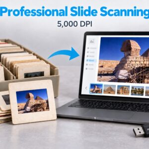 Professional 5,000 DPI slide scanning with mounted slides, a digital photo library, and optional USB storage